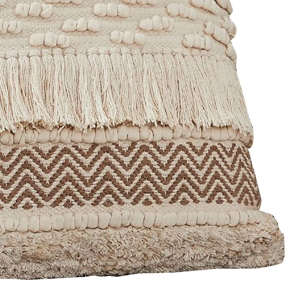 18 Inch Decorative Throw Pillow Cover, Fringes, Braids, Beige Fabric By Casagear Home