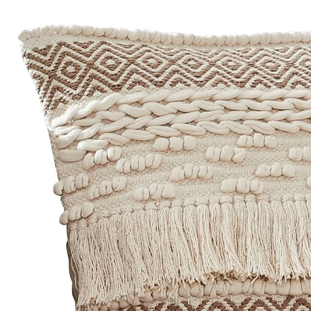 18 Inch Decorative Throw Pillow Cover, Fringes, Braids, Beige Fabric By Casagear Home