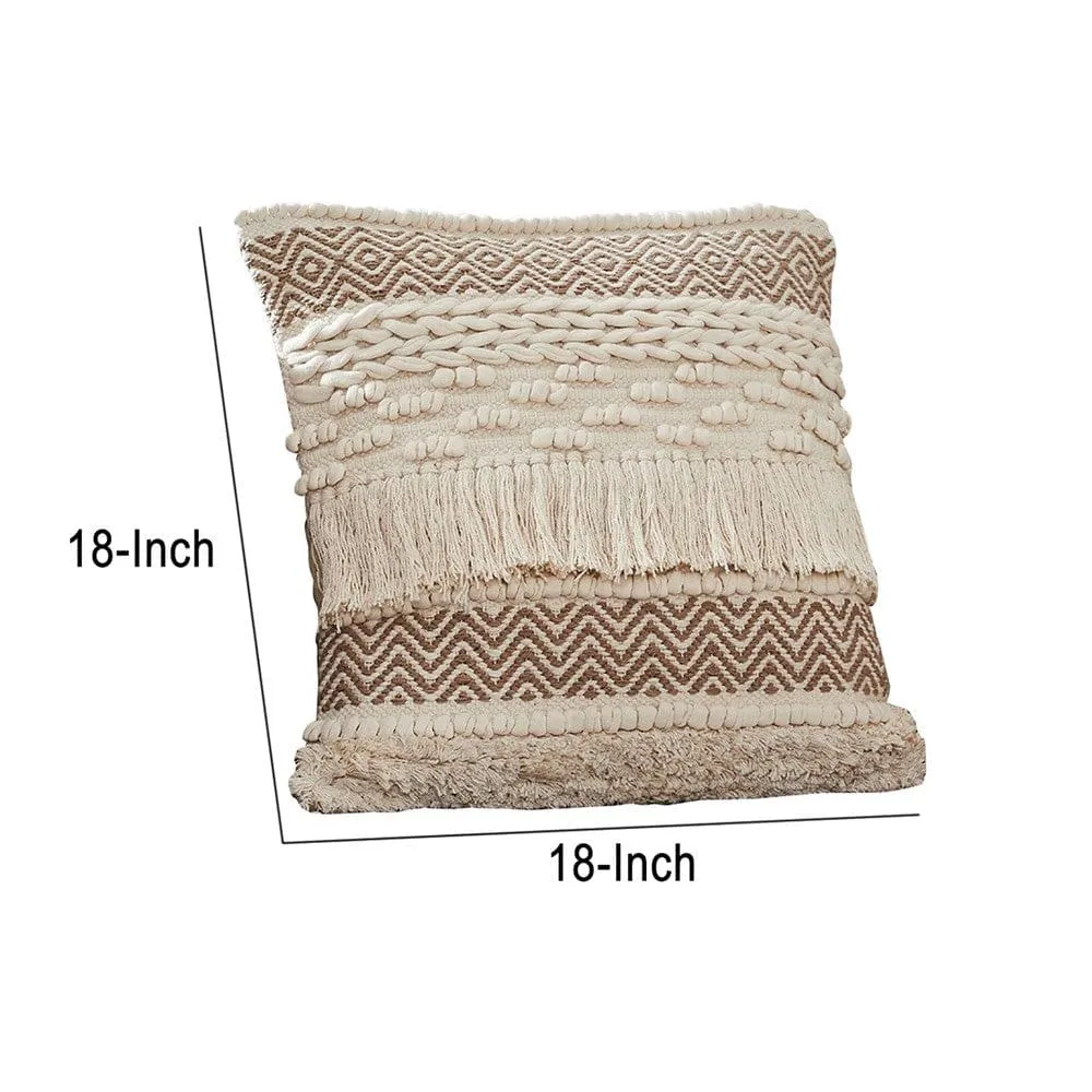 18 Inch Decorative Throw Pillow Cover, Fringes, Braids, Beige Fabric By Casagear Home