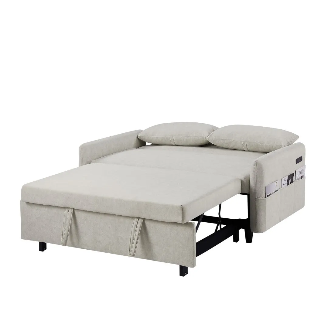 55.1" Pull Out Sleeper Loveseat with Adjustable Backrest, Storage Pockets, USB Ports, 2 Pillows - Beige