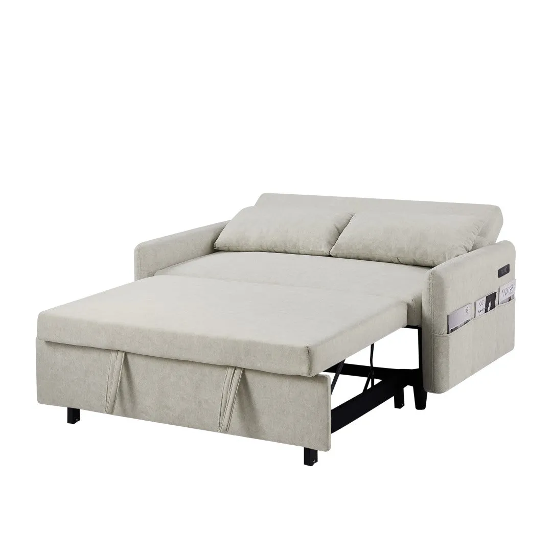 55.1" Pull Out Sleeper Loveseat with Adjustable Backrest, Storage Pockets, USB Ports, 2 Pillows - Beige