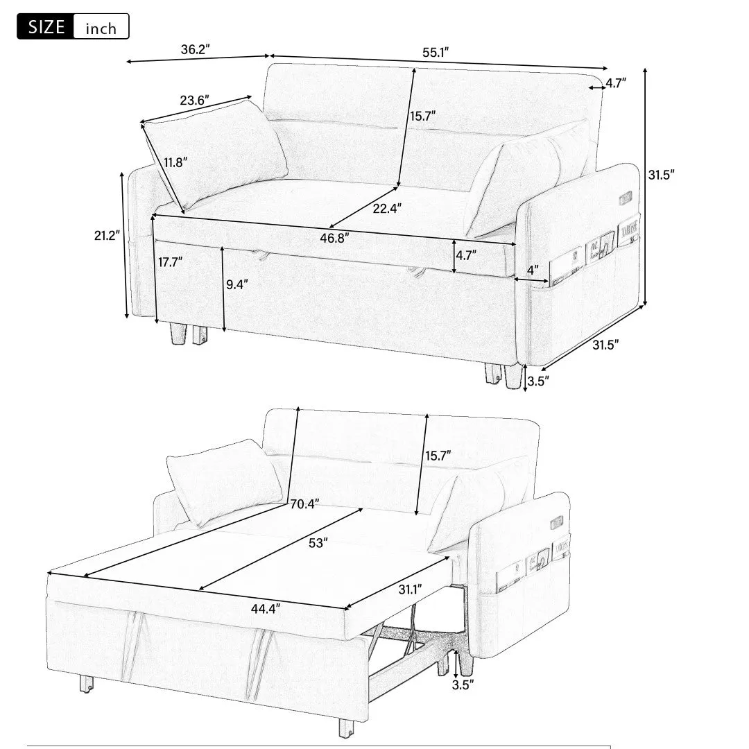 55.1" Pull Out Sleeper Loveseat with Adjustable Backrest, Storage Pockets, USB Ports, 2 Pillows - Beige