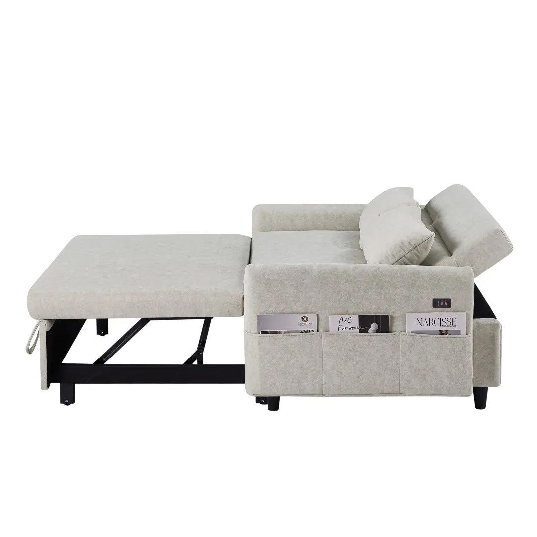 55.1" Pull Out Sleeper Loveseat with Adjustable Backrest, Storage Pockets, USB Ports, 2 Pillows - Beige