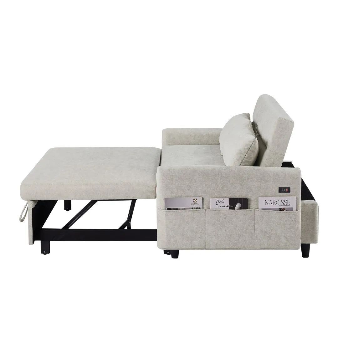 55.1" Pull Out Sleeper Loveseat with Adjustable Backrest, Storage Pockets, USB Ports, 2 Pillows - Beige