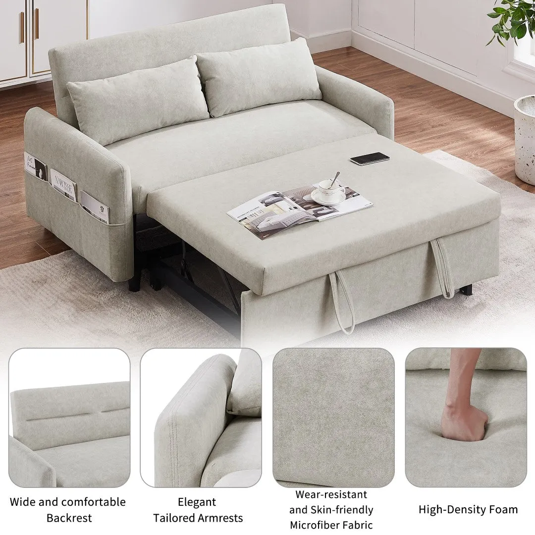 55.1" Pull Out Sleeper Loveseat with Adjustable Backrest, Storage Pockets, USB Ports, 2 Pillows - Beige