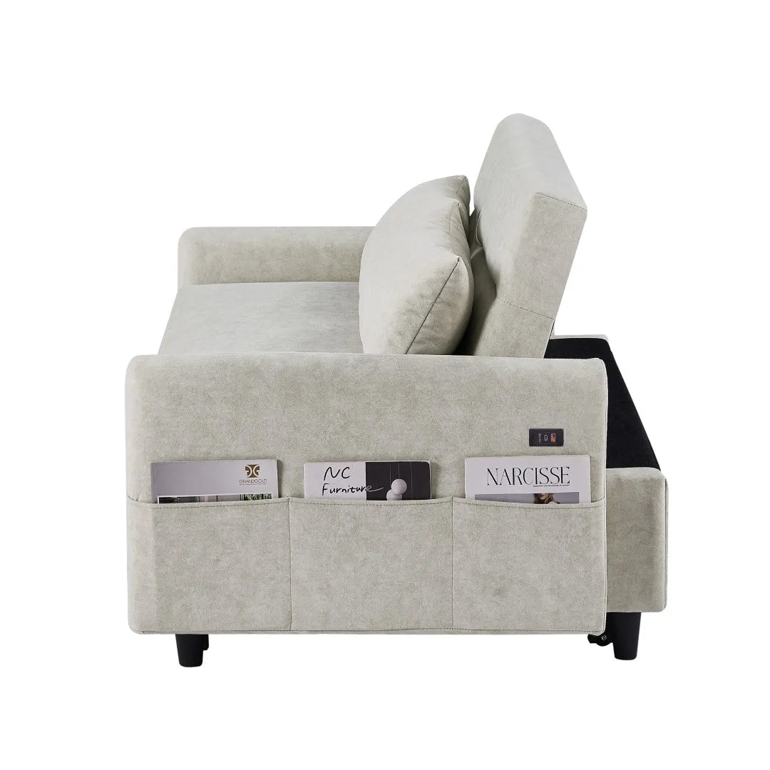 55.1" Pull Out Sleeper Loveseat with Adjustable Backrest, Storage Pockets, USB Ports, 2 Pillows - Beige