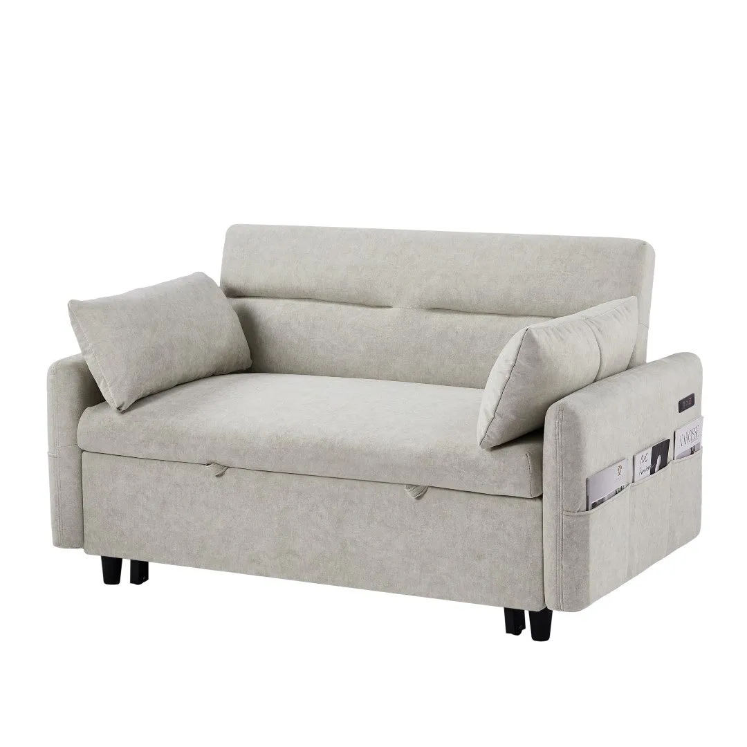 55.1" Pull Out Sleeper Loveseat with Adjustable Backrest, Storage Pockets, USB Ports, 2 Pillows - Beige