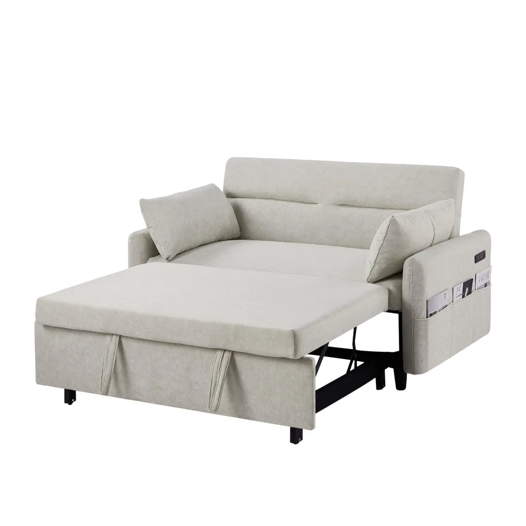 55.1" Pull Out Sleeper Loveseat with Adjustable Backrest, Storage Pockets, USB Ports, 2 Pillows - Beige