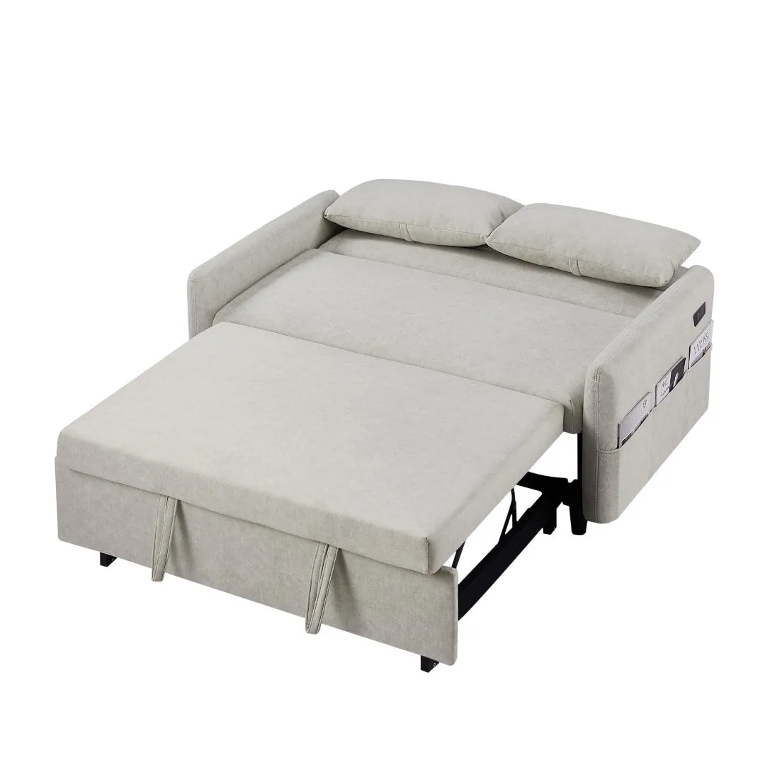 55.1" Pull Out Sleeper Loveseat with Adjustable Backrest, Storage Pockets, USB Ports, 2 Pillows - Beige