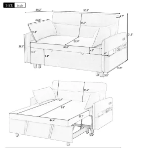 55.1" Pull Out Sleeper Loveseat with Adjustable Backrest, Storage Pockets, USB Ports, 2 Pillows - Beige