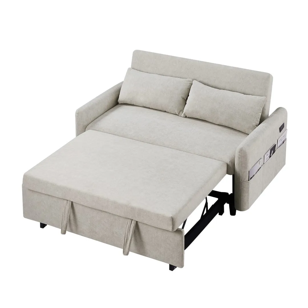 55.1" Pull Out Sleeper Loveseat with Adjustable Backrest, Storage Pockets, USB Ports, 2 Pillows - Beige