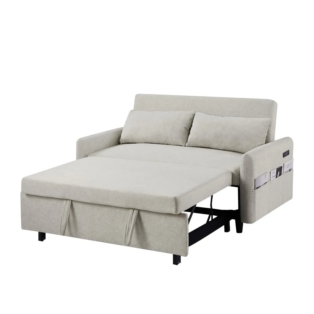 55.1" Pull Out Sleeper Loveseat with Adjustable Backrest, Storage Pockets, USB Ports, 2 Pillows - Beige