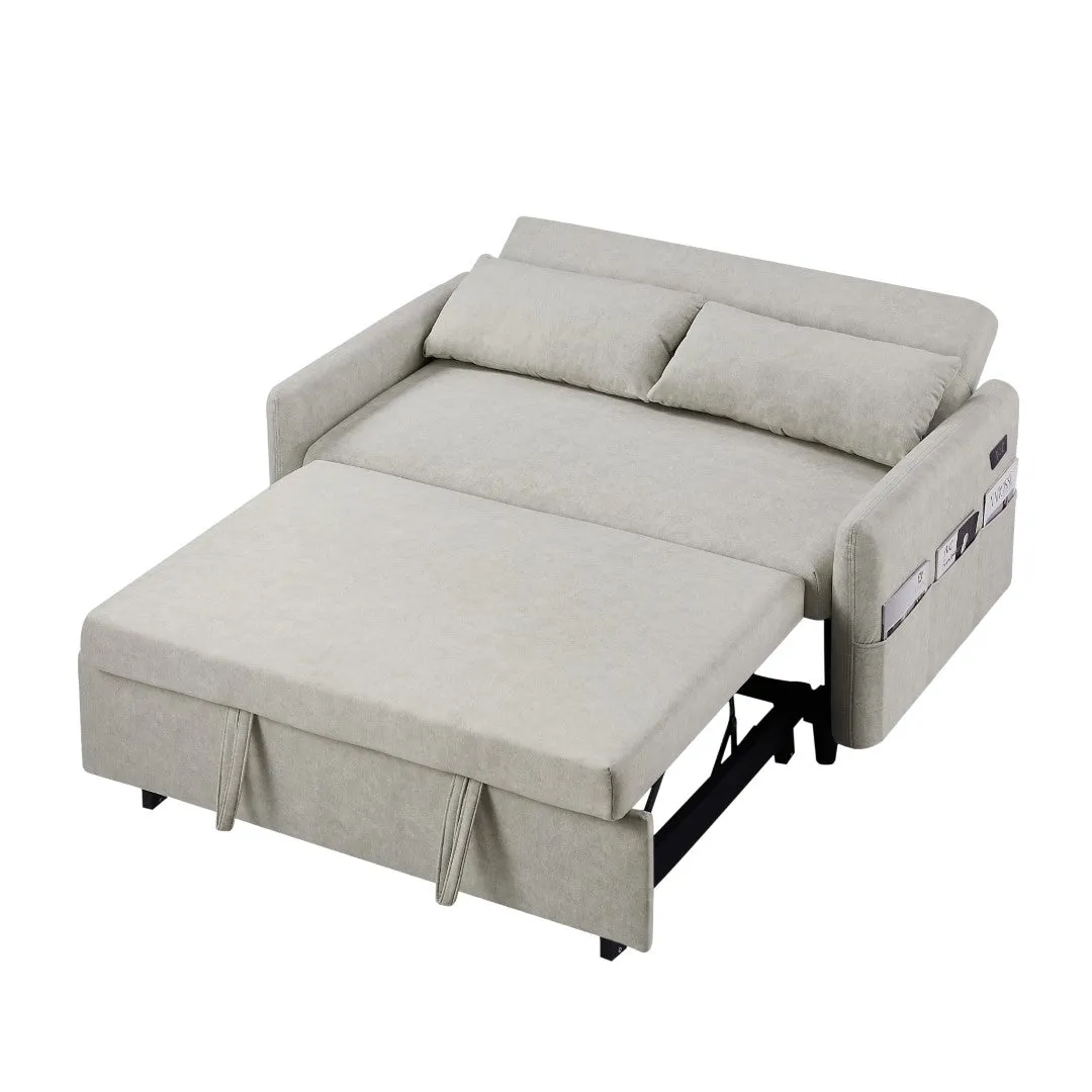 55.1" Pull Out Sleeper Loveseat with Adjustable Backrest, Storage Pockets, USB Ports, 2 Pillows - Beige