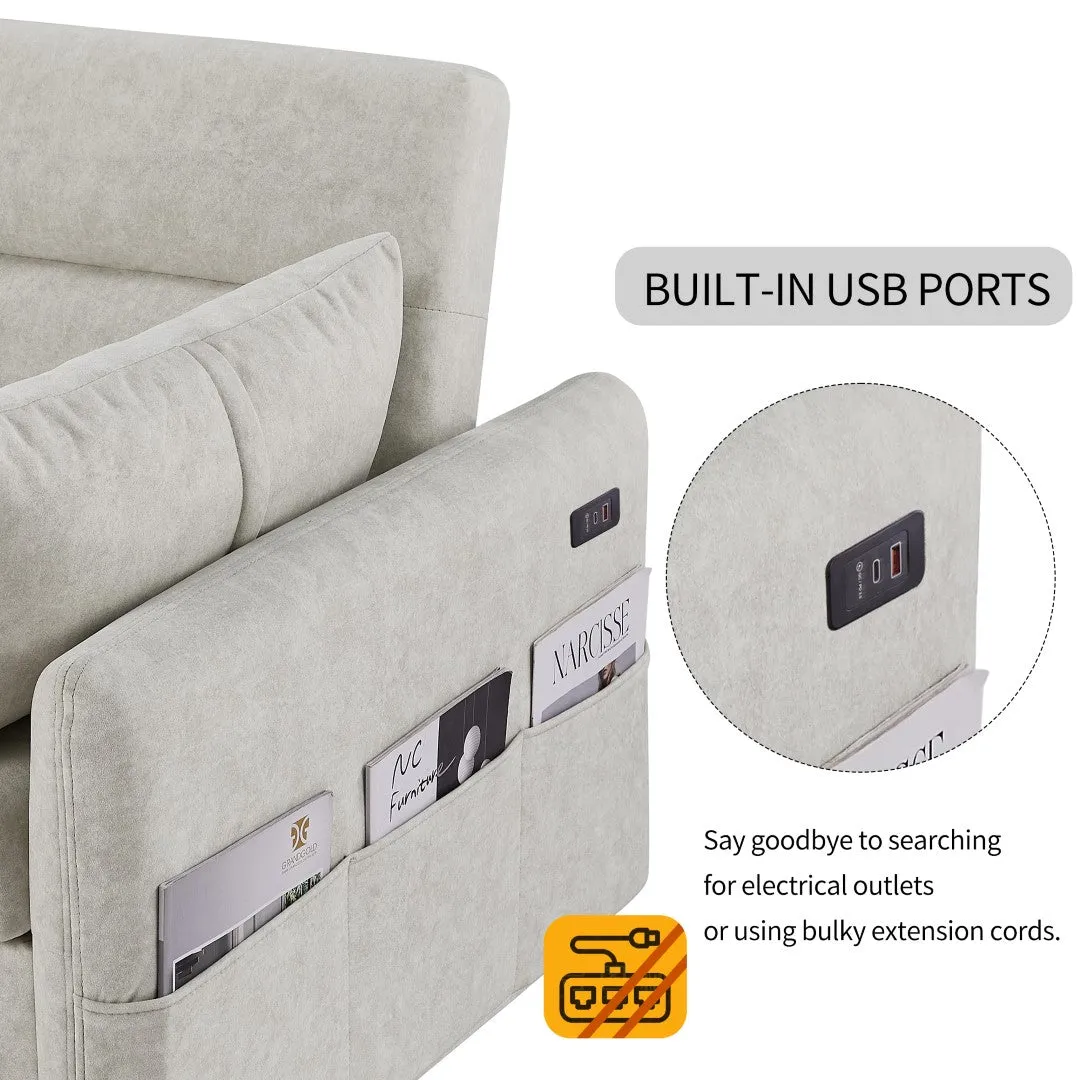 55.1" Pull Out Sleeper Loveseat with Adjustable Backrest, Storage Pockets, USB Ports, 2 Pillows - Beige