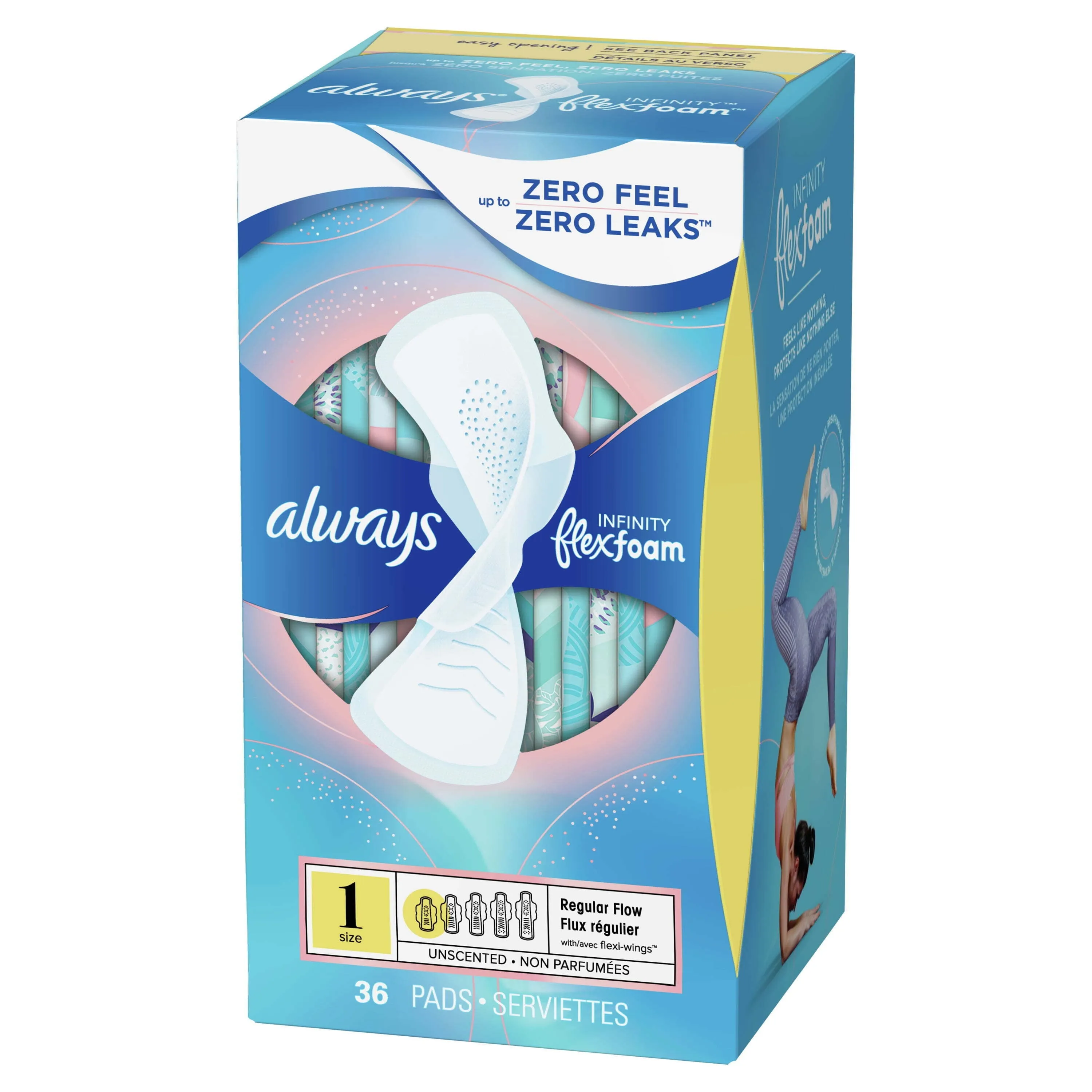 Always Infinity Feminine Pads with Wings, Size 1, Regular Absorbency, Unscented, 36 Count