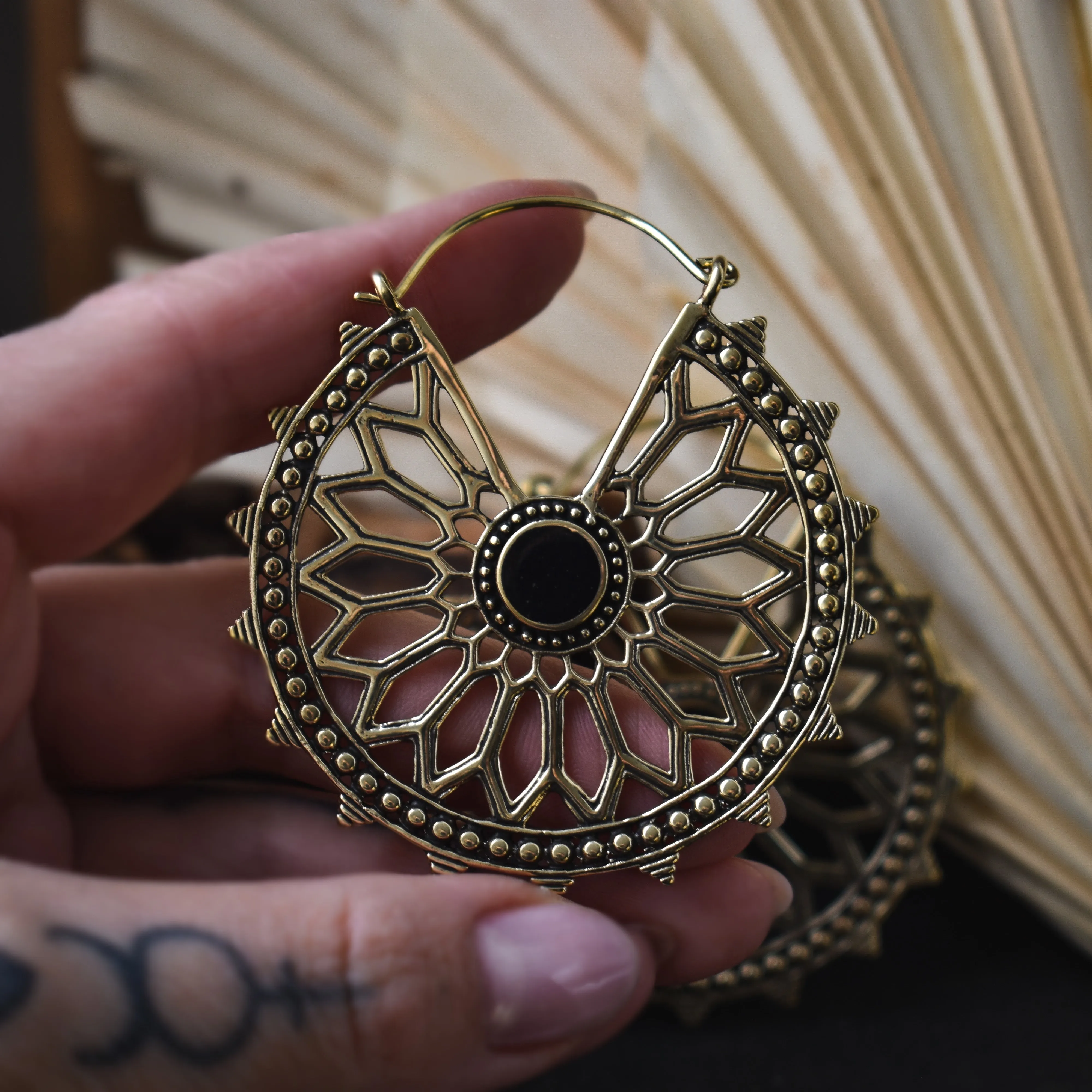 Black Shell Mandala Hoops - Gold