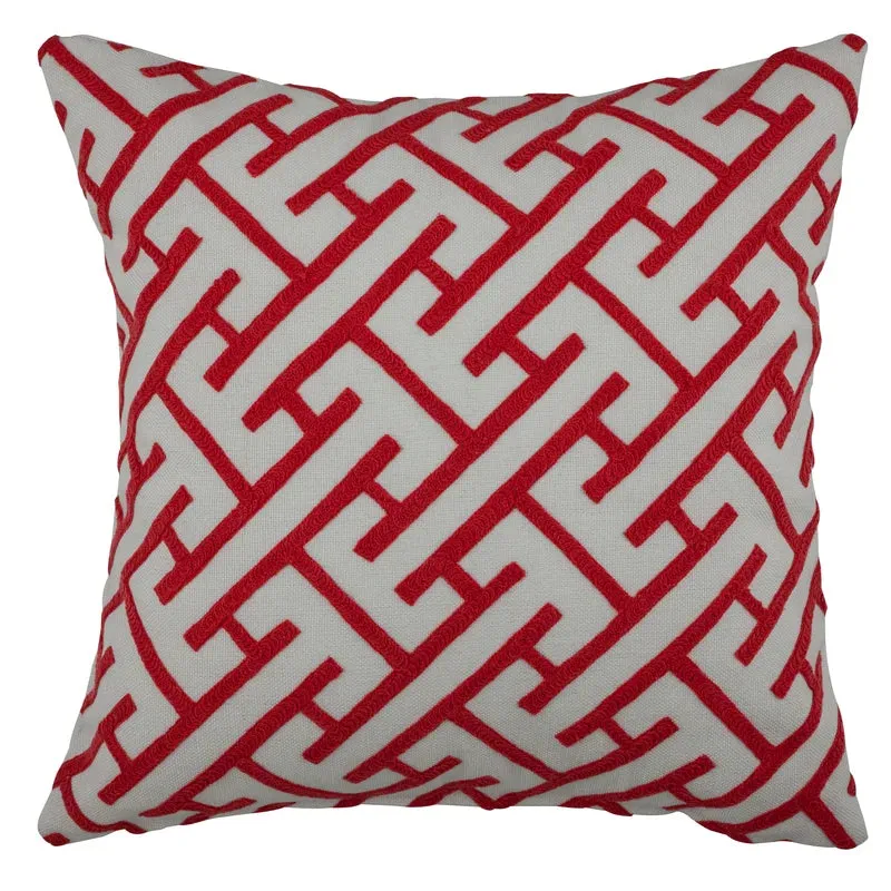 Coral Red Greek Key Embroidered Indoor/Outdoor Pillow