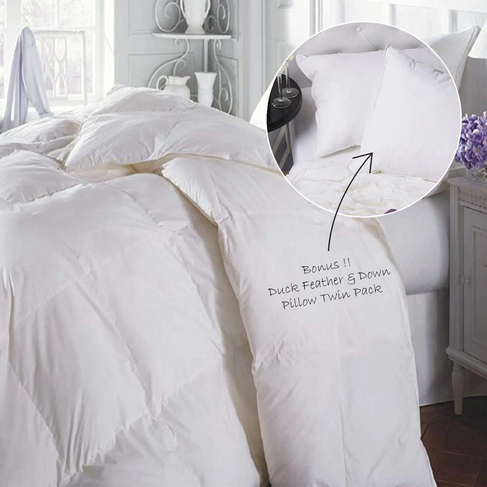 Duck Feather & Down Quilt 500GSM   Duck Feather and Down Pillows 2 Pack Combo - King - White