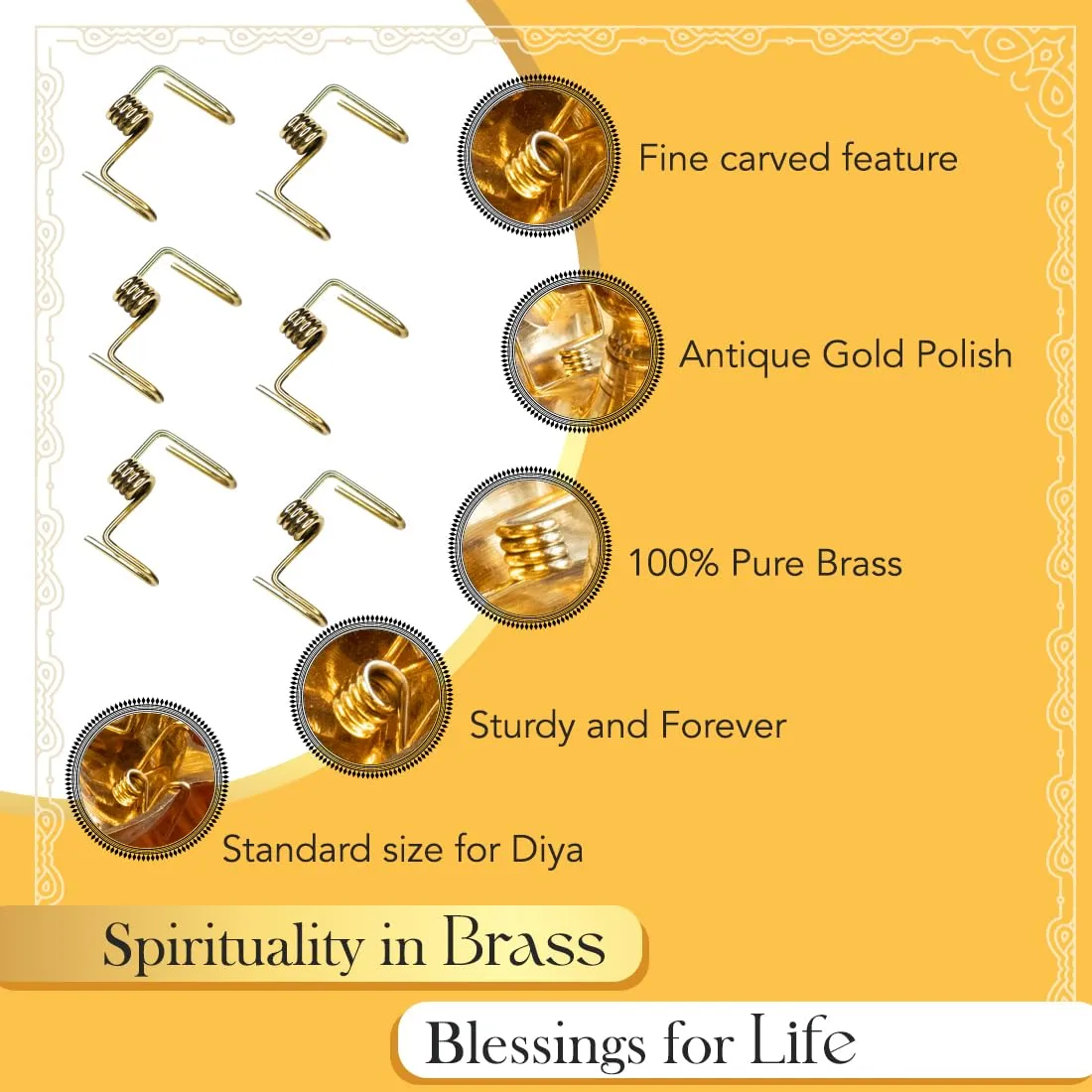 Ekhasa 100% Pure Brass Wick Holders for Oil Lamp | Deepam Stand, Vilakku Thiri Holder | Niranjan Kadi, Samay Diya Kadi Holder | Thiri Stand for Deepak | Spring Shape Wicks for Pooja Diya (Set of 6)