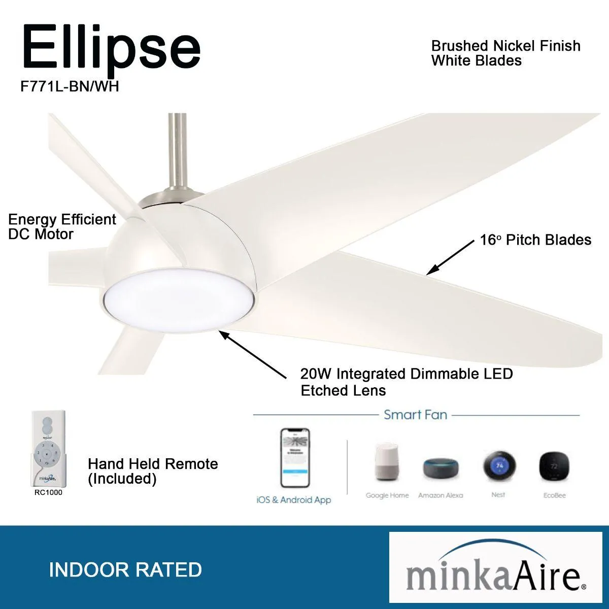 Ellipse LED 60" White Smart Ceiling Fan with Light and Remote