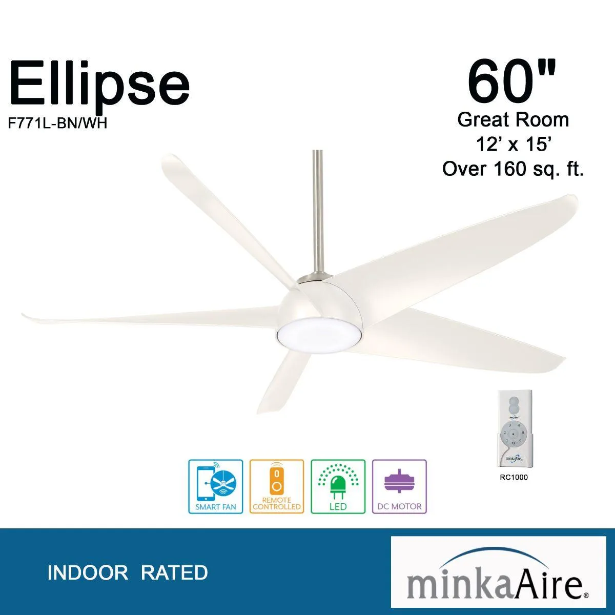 Ellipse LED 60" White Smart Ceiling Fan with Light and Remote