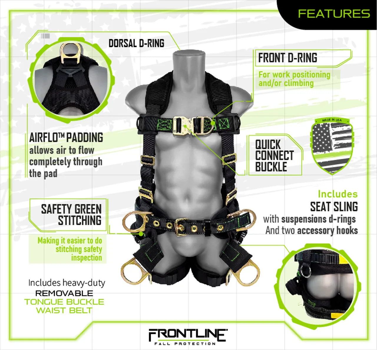 Frontline 350TWQC Patriot Tower Climbing Harness with Seat Sling, Airflo and Quick Connect Buckles - Made in USA XL