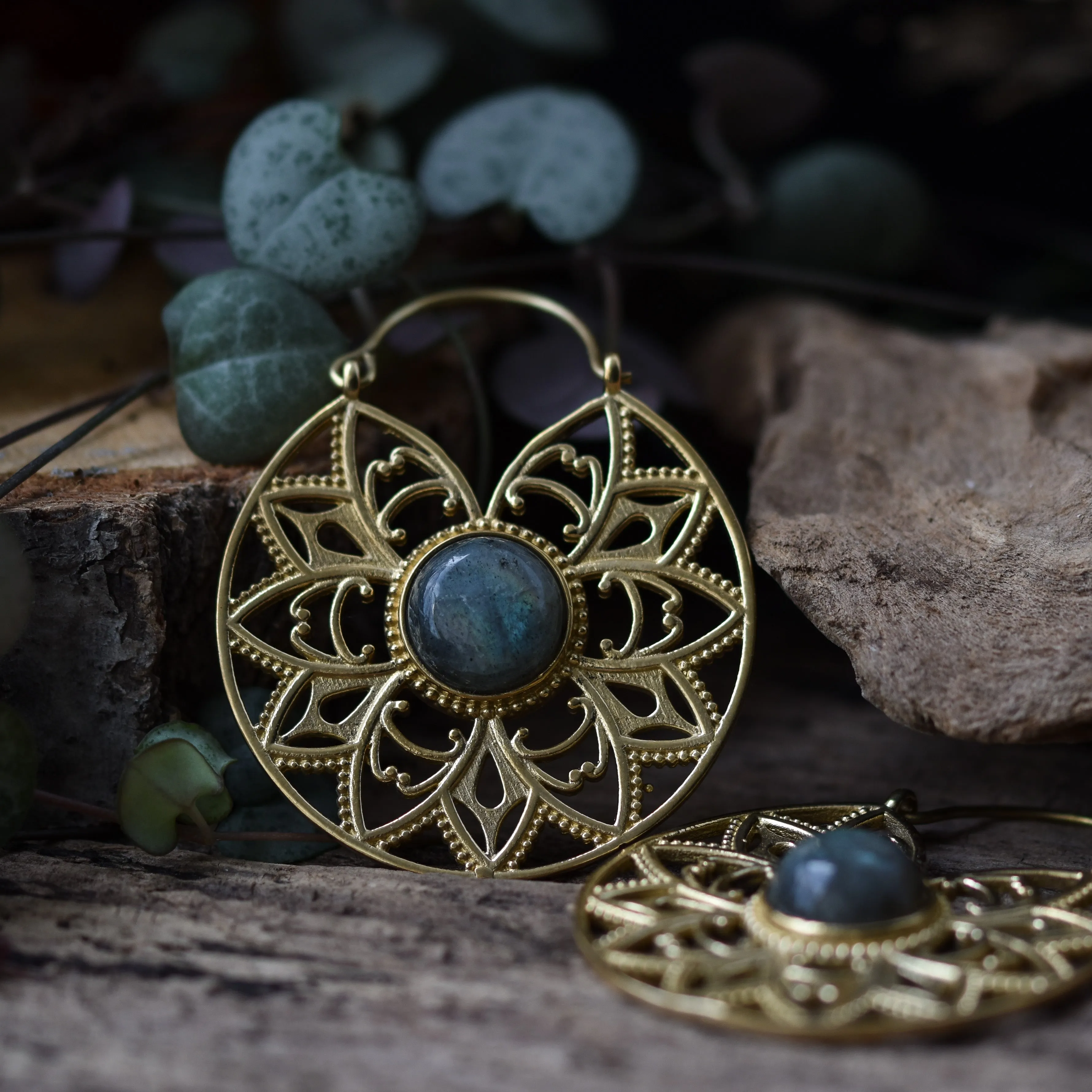 Golden Labradorite Mandala Earrings