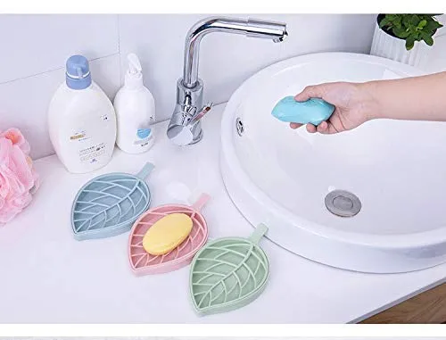 iSTAR Plastic 3Pcs Beautiful Leaf Shape Double Layer Soap Dish Case Holder Bathroom Accessories (Soap Dish - Set of 3) (Pink, Blue, Green)