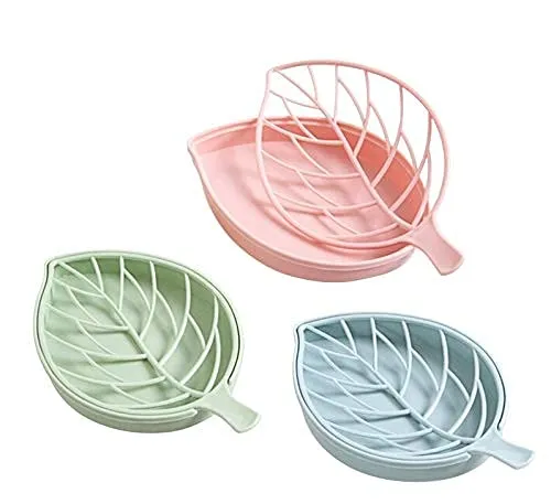 iSTAR Plastic 3Pcs Beautiful Leaf Shape Double Layer Soap Dish Case Holder Bathroom Accessories (Soap Dish - Set of 3) (Pink, Blue, Green)