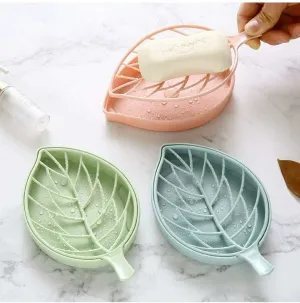 iSTAR Plastic 3Pcs Beautiful Leaf Shape Double Layer Soap Dish Case Holder Bathroom Accessories (Soap Dish - Set of 3) (Pink, Blue, Green)