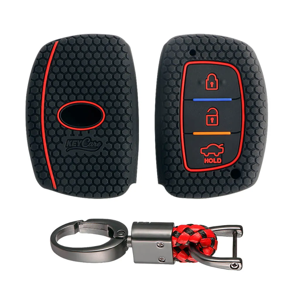 Keycare silicone key cover and keychain fit for : Exter, Creta, Elite I20, Active I20, Aura, Verna 4s, Xcent, Tucson, Elantra 3 button smart key (KC-07, Alloy keychain black)