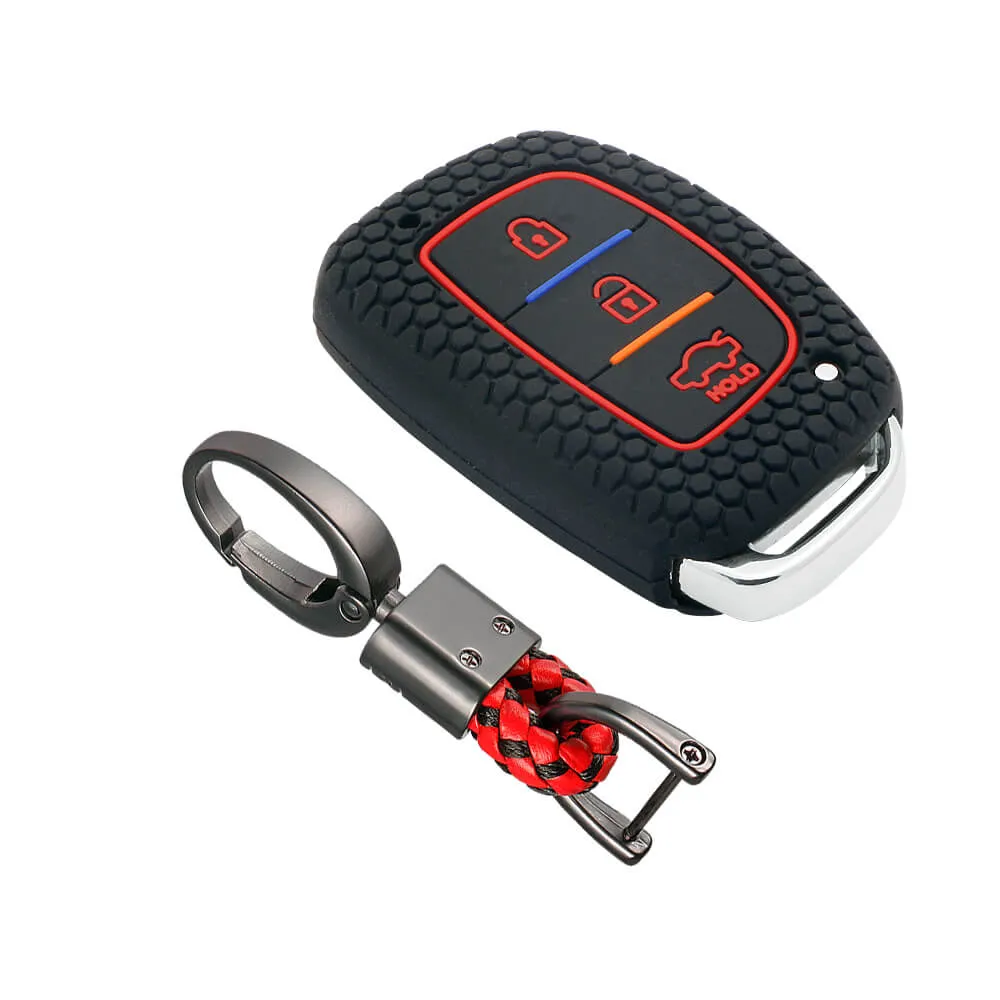 Keycare silicone key cover and keychain fit for : Exter, Creta, Elite I20, Active I20, Aura, Verna 4s, Xcent, Tucson, Elantra 3 button smart key (KC-07, Alloy keychain black)