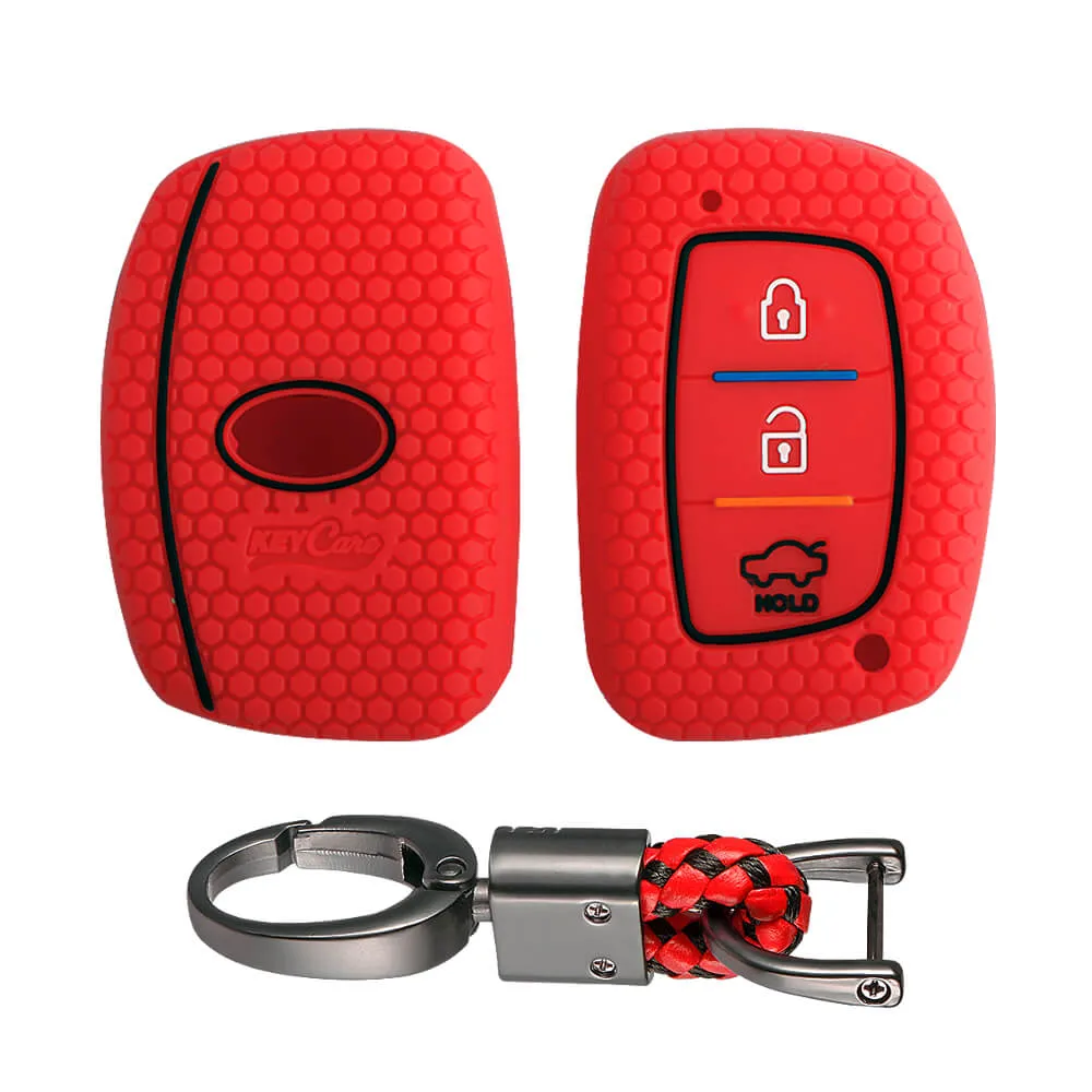 Keycare silicone key cover and keychain fit for : Exter, Creta, Elite I20, Active I20, Aura, Verna 4s, Xcent, Tucson, Elantra 3 button smart key (KC-07, Alloy keychain black)