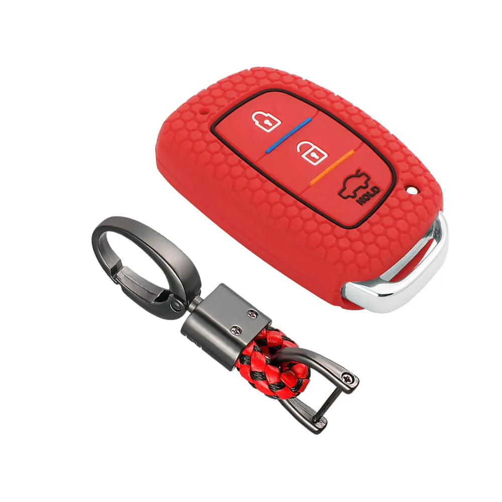 Keycare silicone key cover and keychain fit for : Exter, Creta, Elite I20, Active I20, Aura, Verna 4s, Xcent, Tucson, Elantra 3 button smart key (KC-07, Alloy keychain black)