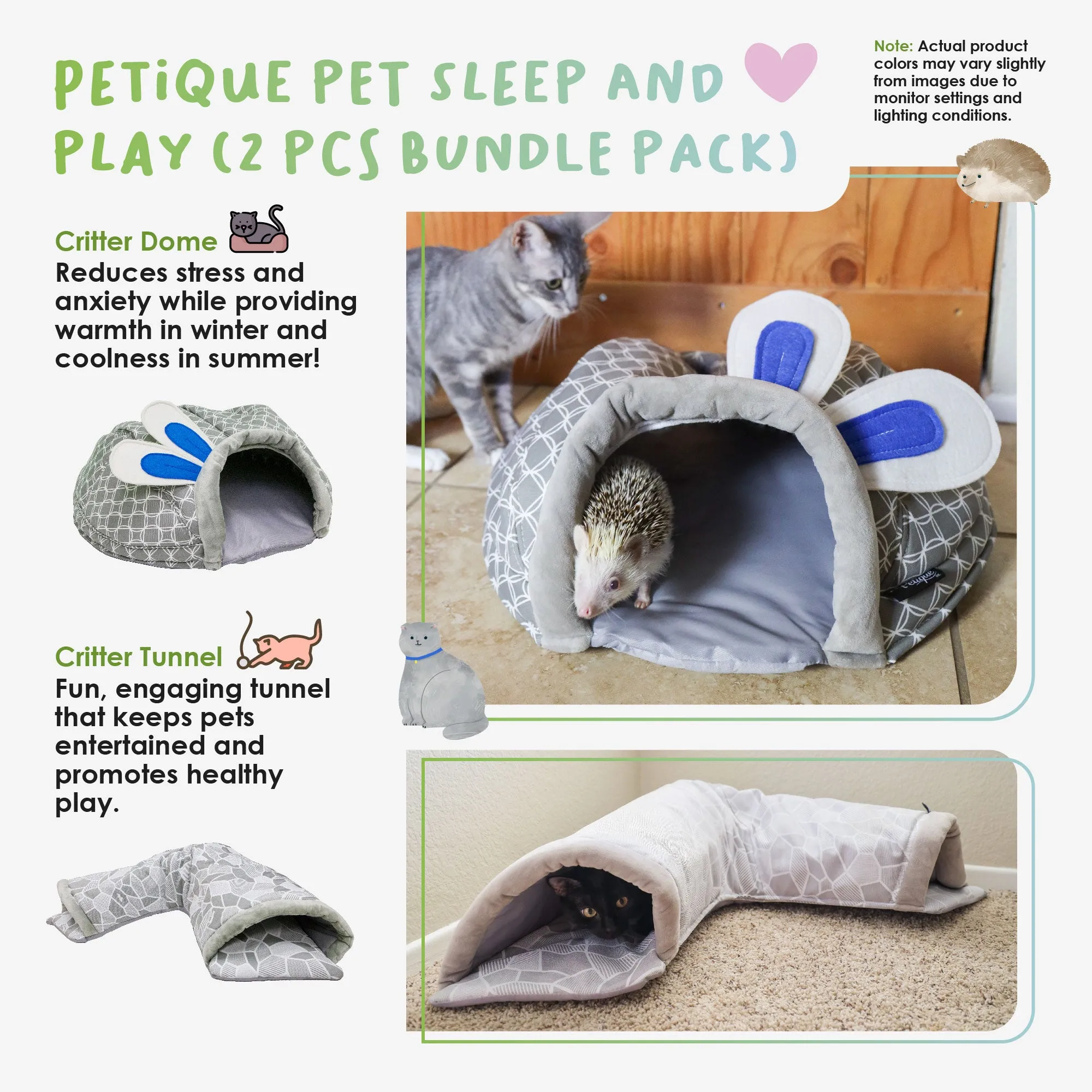 Pet Sleep and Play 2 Piece Bundle Pack - Critter Dome & Tunnel Set, Stress Relief, Durable Tunnels, Ideal for Play, Nesting, Cuddling, Hiding for Small Pets, Cozy Hideaway for Cats, Rabbits, and Small Animals