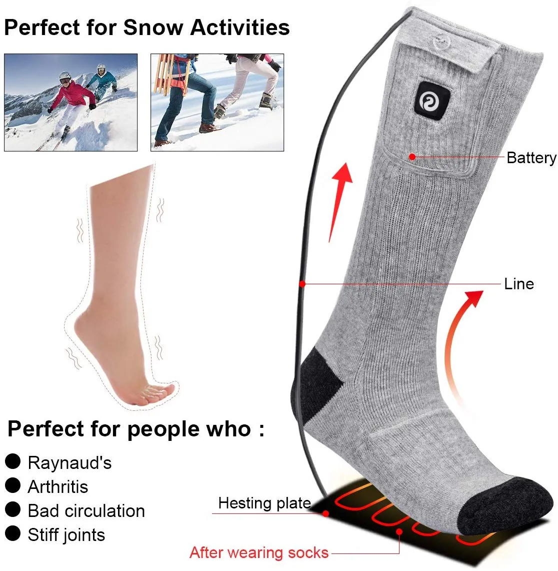 Savior Heated Socks | 7.4V Rechargeable Battery Operated Heated Socks Gray