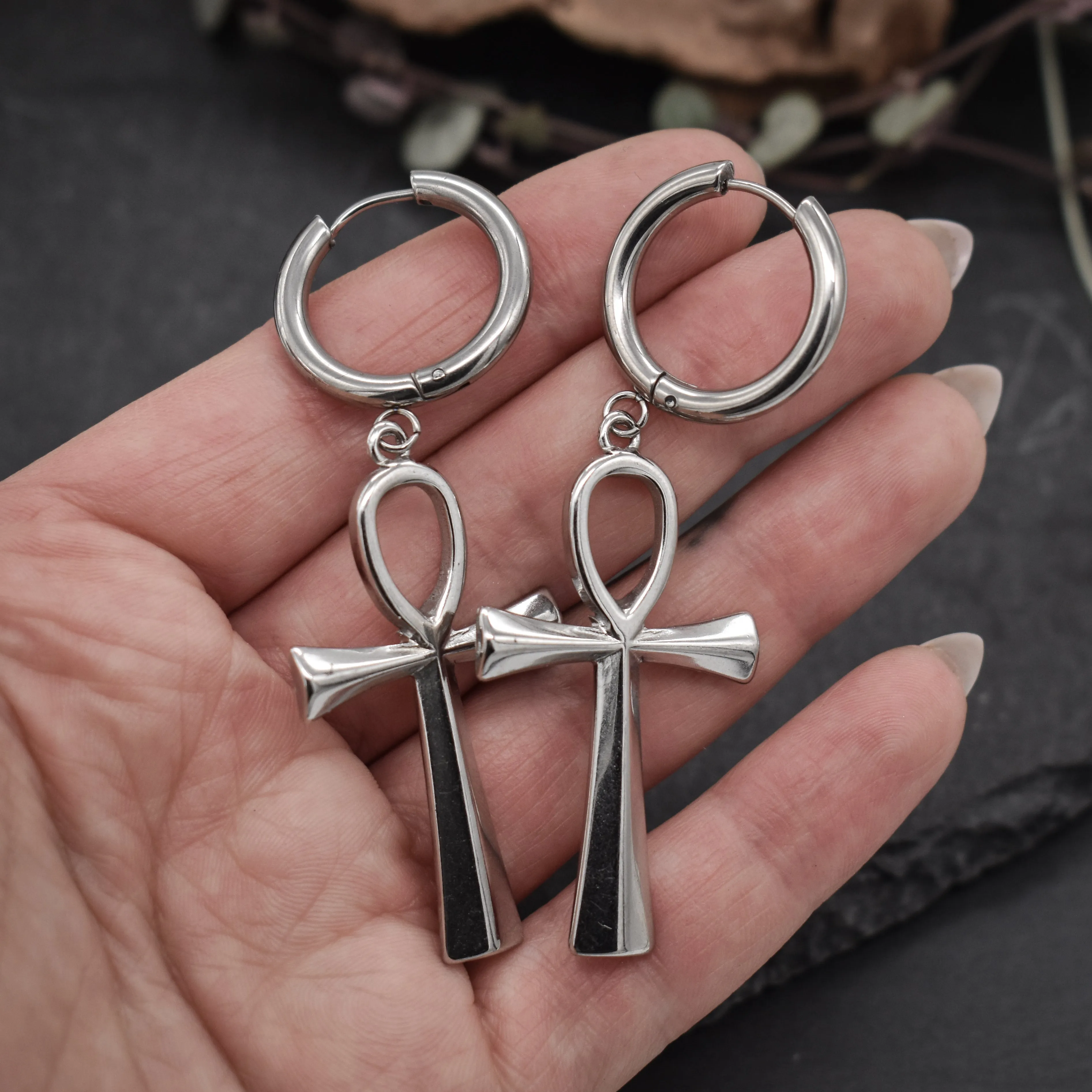 Silver Ankh Huggie Earrings