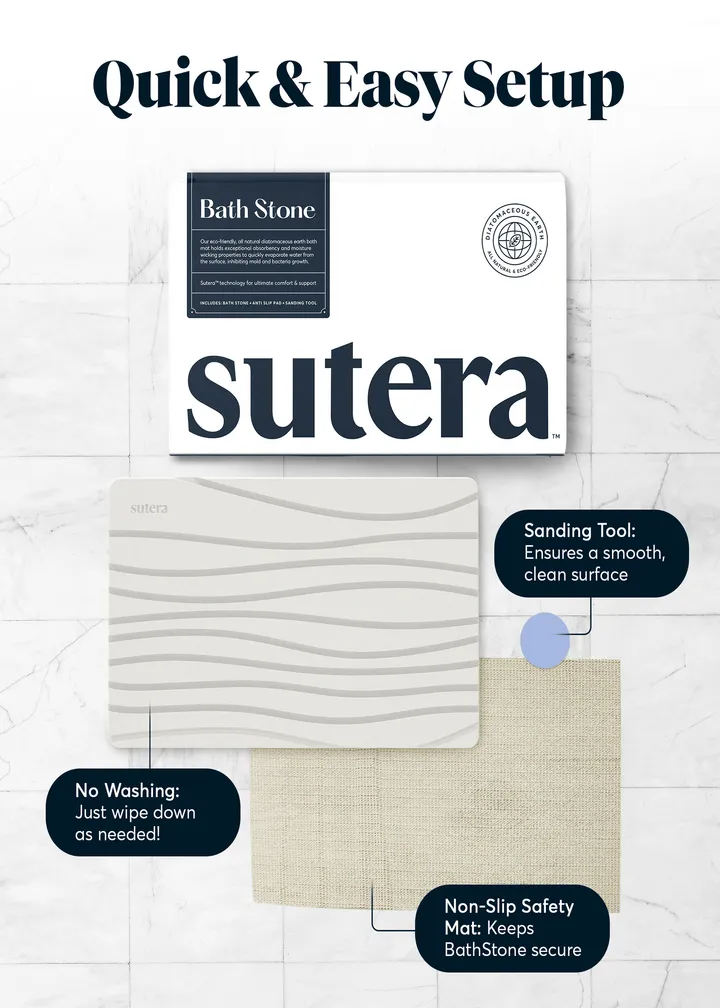 SUTERA - Stone Bath Mat (23.5 x 15 ), Diatomaceous Earth Shower Mat, Non-Slip Super Absorbent Quick Drying Bathroom Floor Mat, Eco-Friendly Easy to Clean, Mildew Resistant