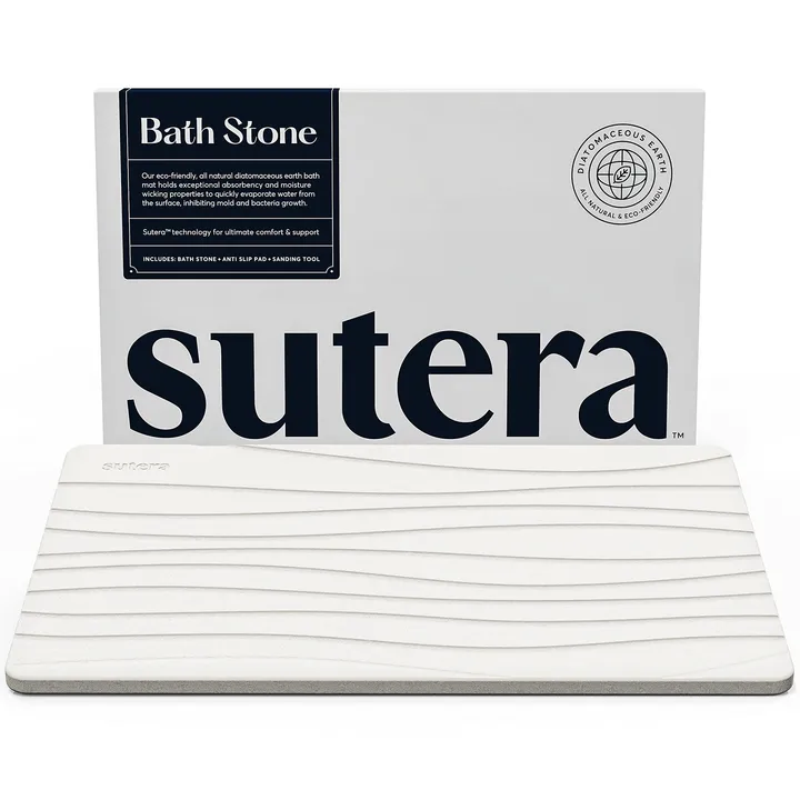 SUTERA - Stone Bath Mat (23.5 x 15 ), Diatomaceous Earth Shower Mat, Non-Slip Super Absorbent Quick Drying Bathroom Floor Mat, Eco-Friendly Easy to Clean, Mildew Resistant