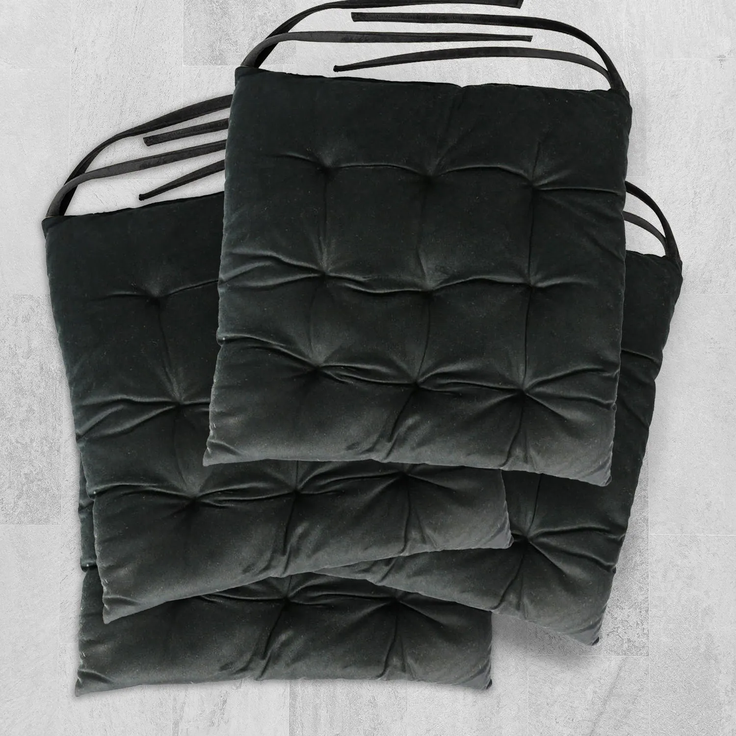 Velvet Slip Free Tufted  Chair Cushion Black 40x40cm - Pack of 4